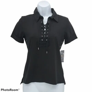 American Living Womens Shirt Small Black Short Rolled Sleeve - Picture 1 of 10