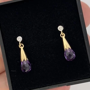 Vintage 18ct Yellow Gold Amethyst & Diamond Drop Dangle Earrings - Picture 1 of 5