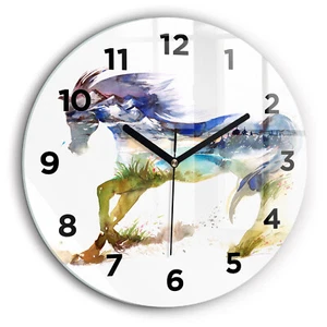 Wanduhr Glas Rund Uhr aus Glas Dekorative Hartglas 60cm Bemalte Berge Und Pferd - Bild 1 von 7