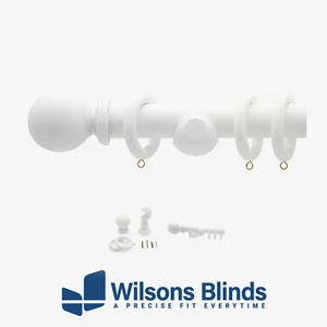 Curtain Pole - 28mm White - Wooden With Rings - Ball Finials - Complete Fixings - Picture 1 of 4