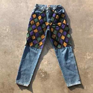 Jeans in pelle scamosciata vintage anni '90 a vita alta denim multicolore arlecchino patchwork taglia 30" con - Foto 1 di 8