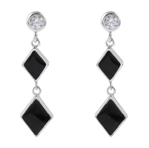 Geometric Round CZ Black Enamel Drop Dangle Sterling Silver Stud Earrings I81 - Picture 1 of 6