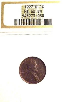 1927 D Denver Mint Lincoln Wheat Cent 1¢  NGC MS 62 BN - Image 1 of 3