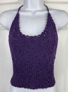 Y2K VTG EXPRESS Purple Woven Knit Crochet Halter Tie Top Beads Small