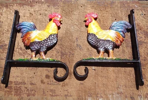2x Cockerel / Chicken Basket Flower Hook / Hanger Farm Cast Iron Wall House #vo - Picture 1 of 3