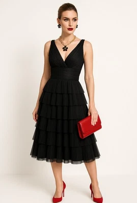 Vestido negro con 4 capas de mezcla de seda para mujer bailarina gótico de hadas cóctel fiesta Foto 1 de 4