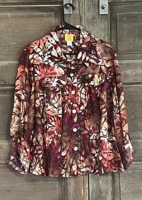 Ruby Rd Jacket Womens 18 W  Red Floral Cropped Button Collar Roll Tab Sleeve - Image 1 of 4