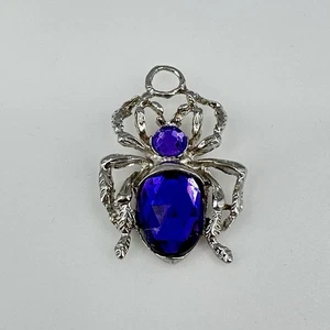 Spider Pendant Purple Jeweled Head Body Silver Tone Halloween Arachnid Gothic - Picture 1 of 12