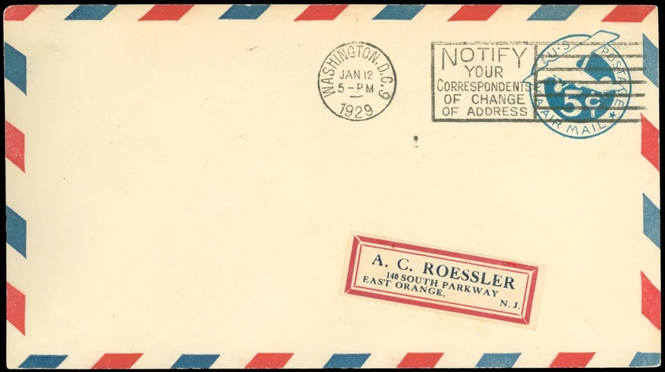 1/12/1929 WASH DC CDS, AC ROESSLER Label Serviced Cover, Size #13, SC #UC1 FDC! - Image 1 of 1