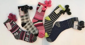 NWT Gertex Ladies Socks 1 pair size 9-11 Pom Pom Black Pink Gray Blue Snowflake - Picture 1 of 12