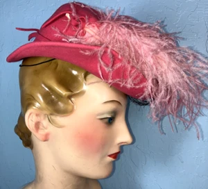 Vintage 30s 40s Fancy Pink Felt Feather Tolt Hat New York Creation - Picture 1 of 6