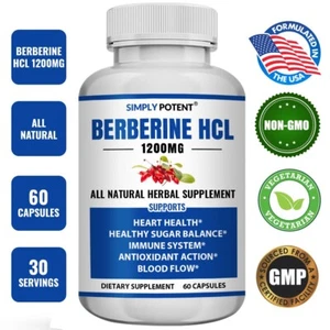 Pure Berberine HCl 1200mg, Blood Sugar Cholesterol & Immune Support| 60 Capsules - Picture 1 of 7