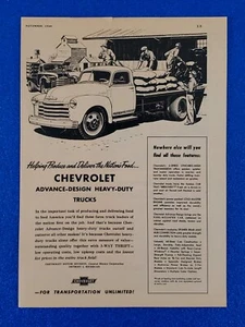 1948 CHEVY WORK TRUCK ORIGINAL PRINT AD CHEVROLET "DELIVER THE NATION'S FOOD" - Picture 1 of 1