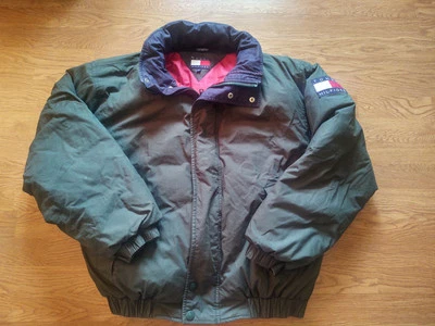 Vintage 90s Tommy Hilfiger Puffer Jacket Green & Blue Collar Coat | Men's Size L - Image 1 of 4