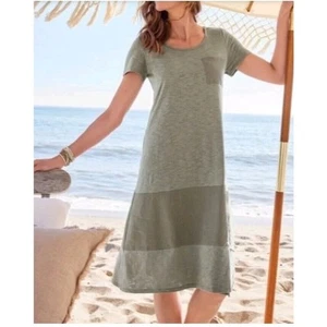 Soft Surroundings Winnie Linen Blend Dress Olive Green Sz Med Lagenlook Pocket - Picture 1 of 12