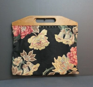 Vintage 1930s 1940s Fabric & Wood Sewing Bag Purse, Black Floral, Wooden Handle - Picture 1 of 13