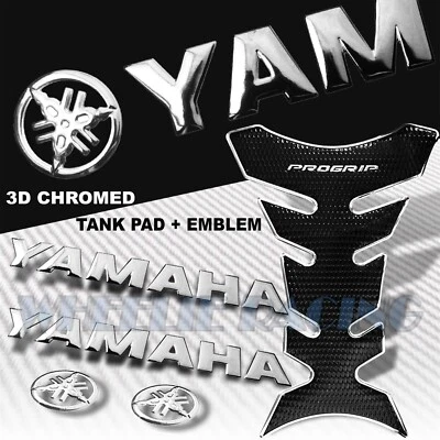 CHROMED PRO GRIP FUEL TANK PAD+6" YAMAHA 3D LOGO+LETTER FAIRING EMBLEM STICKER - Image 1 of 4