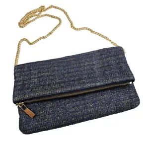 Deux Lux Blue Woven Crossbody Shoulder Bag Clutch Fold Over Flap Gold Chain - Picture 1 of 7