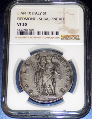 1802 L'AN 10 ITALY PIEDMONT SUBALPINE REP. 5F 5 Francs NGC VF30 CERTIFIED COIN - Image 1 of 4