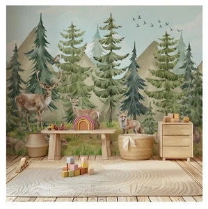 Wall mural Kids Wallpaper Mountain Nursery Woodland Animals Forest Pine Tree - Picture 1 of 6