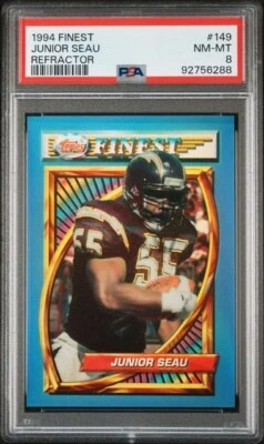 PSA 8 NM-MINT 1994 FINEST REFRACTOR JUNIOR SEAU #149 SP HOF CHARGERS FRESH GRADE - Image 1 of 2