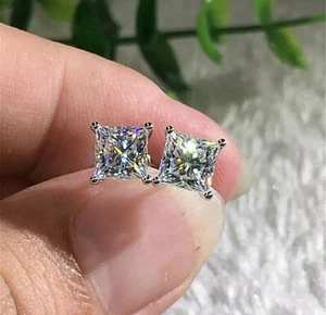 2 Ct Princess Cut Lab Created Solitaire Stud Earrings 14k White Gold 6mm Push Bk - Picture 1 of 9