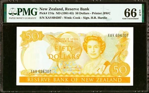New Zealand 50 Dollars (1981-85) Hardie Prefix- XAV Pick-174a GEM UNC PMG 66 EPQ - Picture 1 of 2