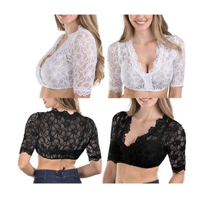 Damen Sexy Spitze Dirndlbluse weiß 3/4 Arm Oktoberfest Trachtenbluse Wrap Crop - Picture 1 of 11