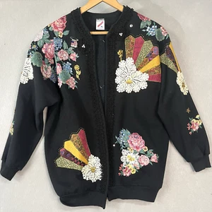 Vtg JERZEES Handmade Painted Quilted Lace Floral 90s Women's Sweater Cardigan XL - Picture 1 of 14