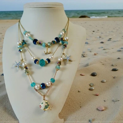 Retired Betsy Johnson Ocean Themed Puffer Fish Layered Necklace Gold Tone - Image 1 of 4