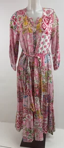 Mary Marshmallow Pink Patchwork Boho Long Sleeve Tiered Maxi Dress Sz XS - Picture 1 of 4