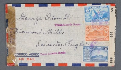 MayfairStamps Costa Rica años 40 censurado a Leicester Inglaterra correo aéreo cubierta aau_ Foto 1 de 2