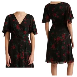 Ralph Lauren Kleid geblümt schwarz rot Flatterärmel A-Linie Party Cocktail 6 - Bild 1 von 7