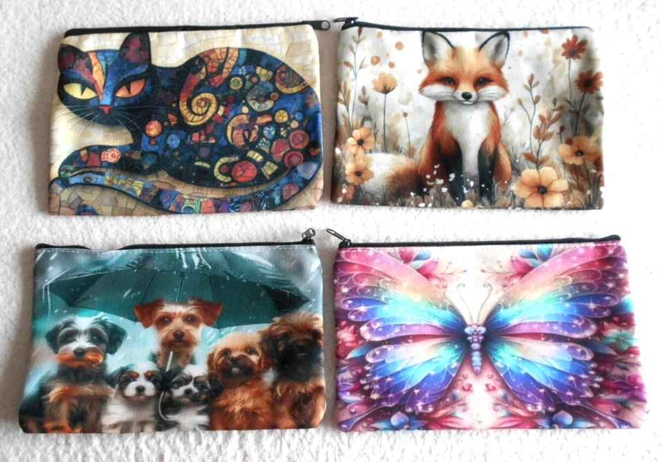 Make-up bag/Pencil case, 21cm x 13cm, Wipe clean, Cat, Dogs, Fox, Butterfly. - Image 1 of 1