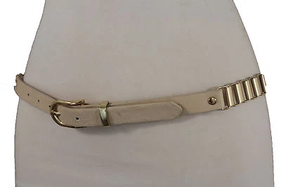 Women Ivory Cream Thin Fashion Belt Gold Metal Chain Links Buckle Hip Waist S M - Image 1 of 4