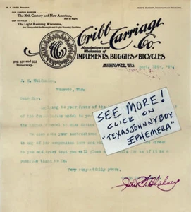 1897 Membrete MILWAUKEE WISCONSIN M. A. CUNA COMPAÑÍA DE CARRIAJES John Blakney - Imagen 1 de 1