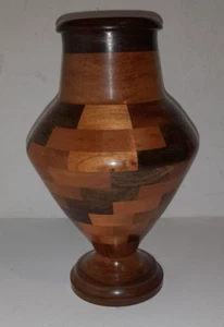 Vintage 1960s/70s Chequered Segmented Multi-Wood Hand-Turned Vase - Picture 1 of 9