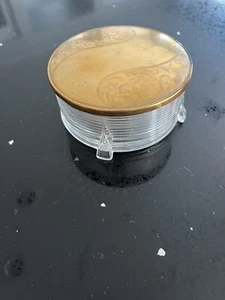 Vintage Art Deco Glass Powder Jar | Vanity Container | Metal Floral Scroll Top | - Picture 1 of 4