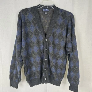 Jantzen Mens Large Grandpa Plaid Navy Black Cardigan 90s Argyle Vintage Sweater - Picture 1 of 9