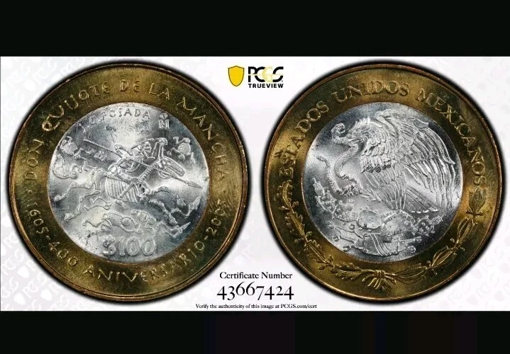 Mexico 2005 $100 Pesos Cervantes Don Quijote MS66 PCGS bimetallic Coin - Image 1 of 1