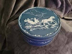 Vintage Shirley Jean  Blue Horse/Buggy Fruitcake Tin - Picture 1 of 8