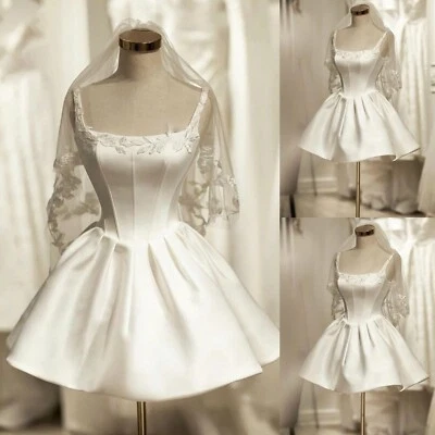 Short Wedding Dresses Mini White Sleeveless Satin Beach Summer Bridal Gowns - Image 1 of 4