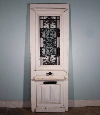*Antique French 96" Solid Wood Door with Iron Grille and Hinged Windows Salvage Cover