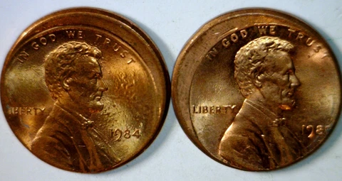 1984 & 1985 OFF CENTER ERROR Lincoln Cent BU + Coins Mostly RED  2 Coin LOT   NR Cover