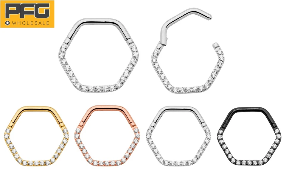 G23 Titanium Hexagonal Gem Hinged Segment Hoop Septum Helix Tragus Ring Earrings - Image 1 of 4