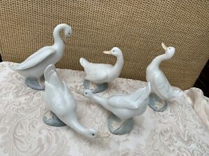 A Collection Of 5 Lladro Nao Geese Figurines Porcelain