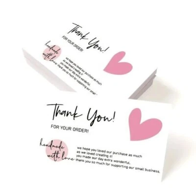 100 PCS Thank You for Your Order Handmade With Love Pink Heart Card - Image 1 of 4