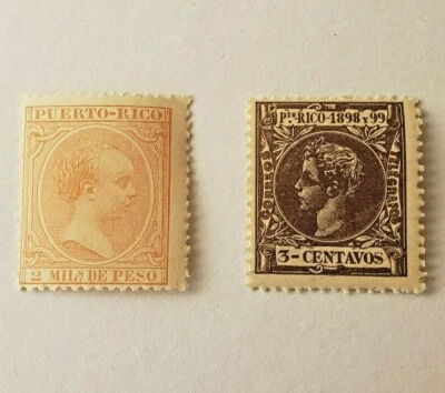 Par de selos MH não usados da Espanha Porto Rico de 1890–98: 2 milhões de peso e 3 centavos - Imagem 1 de 4