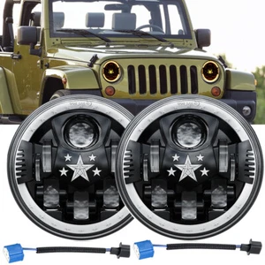 For Jeep Wrangler JK TJ LJ Halo Amber 7'' LED Headlights DRL Lights Combo Pair - Picture 1 of 14
