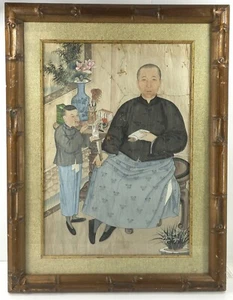 Early Antique Chinese Watercolor Painting Ancestor & Child in Bamboo Style Frame - Picture 1 of 13